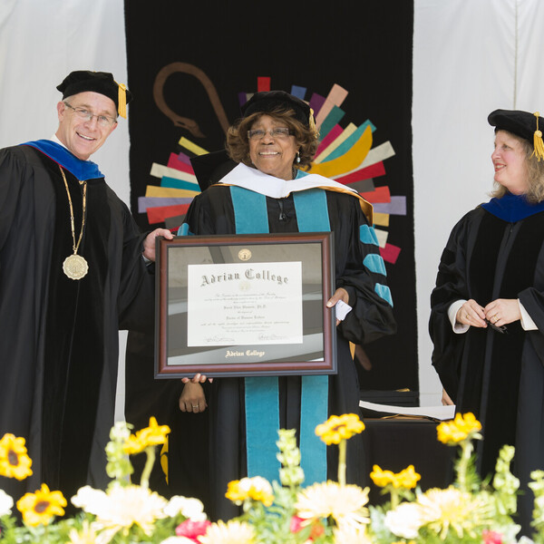 Adrian College presents honorary doctorate to trustee Sarah Shumate